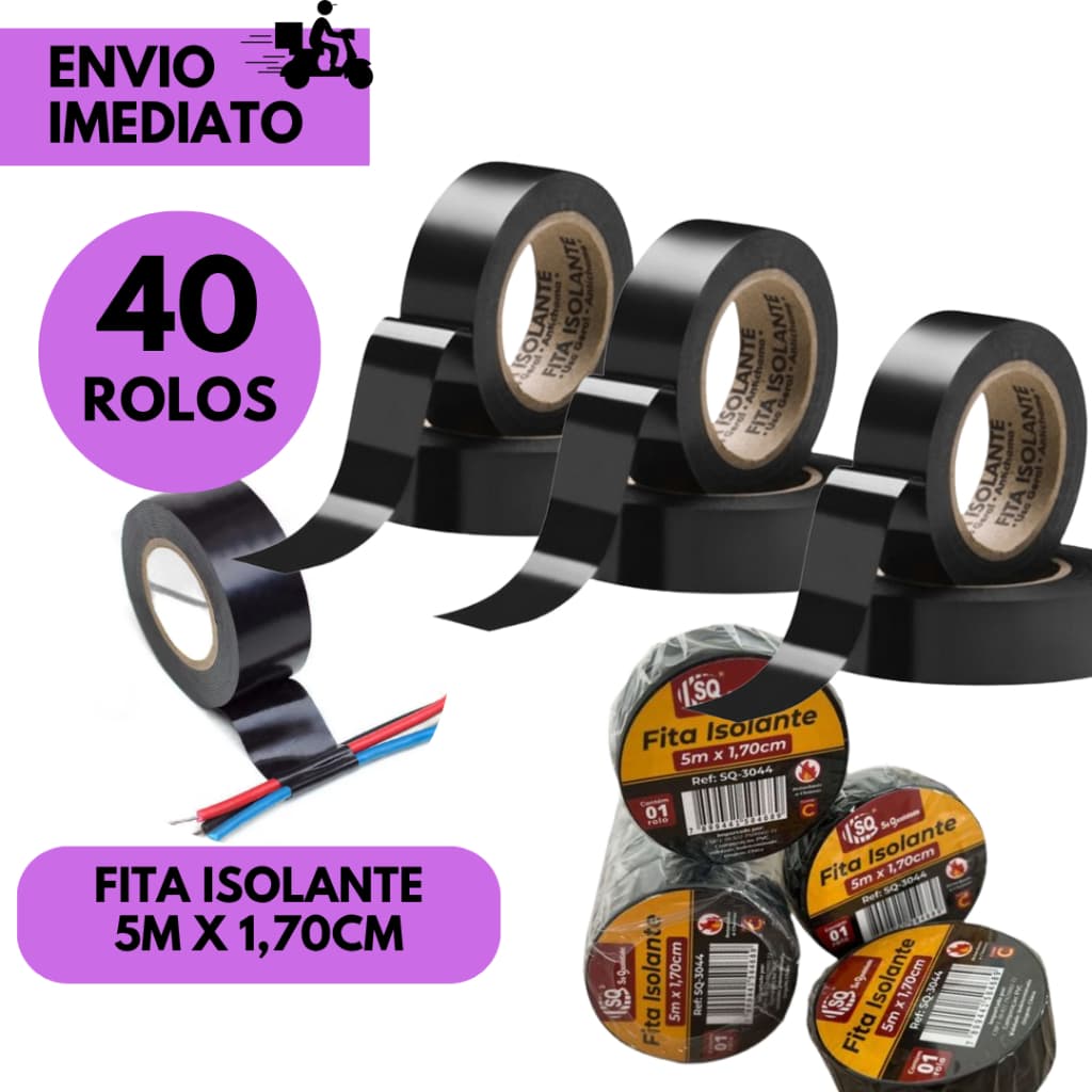 Kits 40/30 ou 20 Fita Isolante Preta 5 Metros x 1.7cm Alta Qualidade Uso Elétrico Resistência Duráve