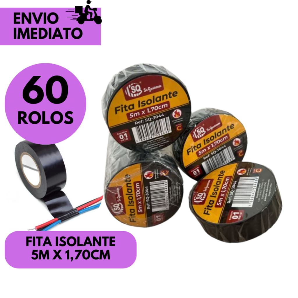 Kits 60/40/30 ou 20 Rolos Fita Isolante Preta 5 Metros x 1.7cm Alta Qualidade Uso Elétrico