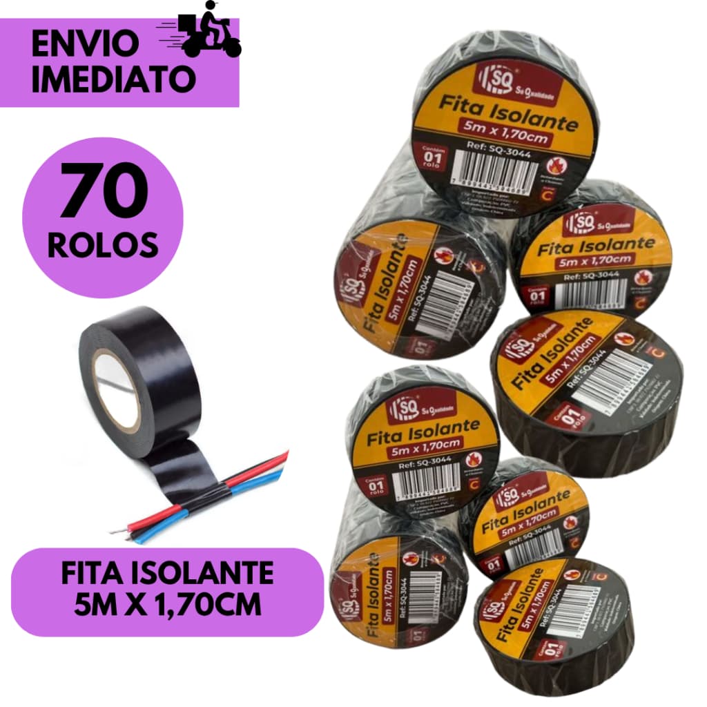 Kits 70/50 ou 30 Rolos Fita Isolante Preta 5 Metros x 1.7cm Alta Qualidade Uso Elétrico Resistência