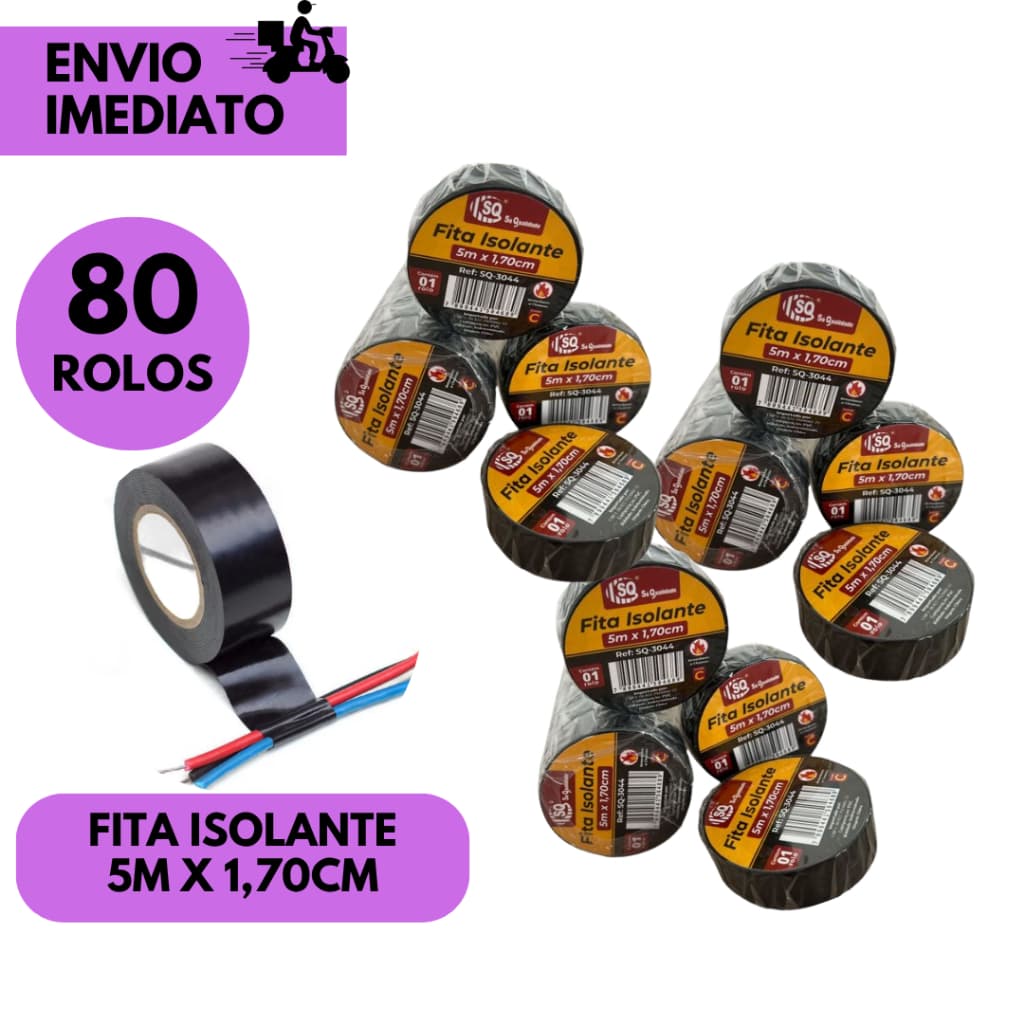 Kits 80/60/40 ou 30 Rolos Fita Isolante Preta 5 Metros x 1.7cm Alta Qualidade Uso Elétrico Resistência Durável
