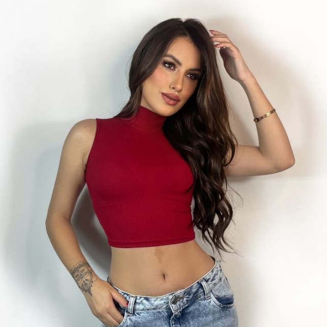 Cropped Canelado Blusinha Gola Alta Feminino
