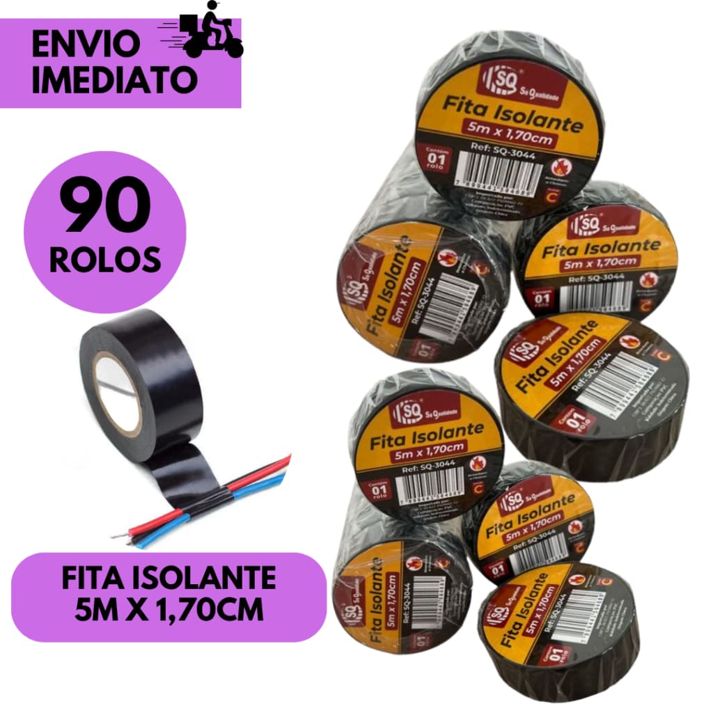 Kits 90/70/50 ou 30 Rolos Fita Isolante Preta 5 Metros x 1.7cm Alta Qualidade Uso Elétrico Resistênc