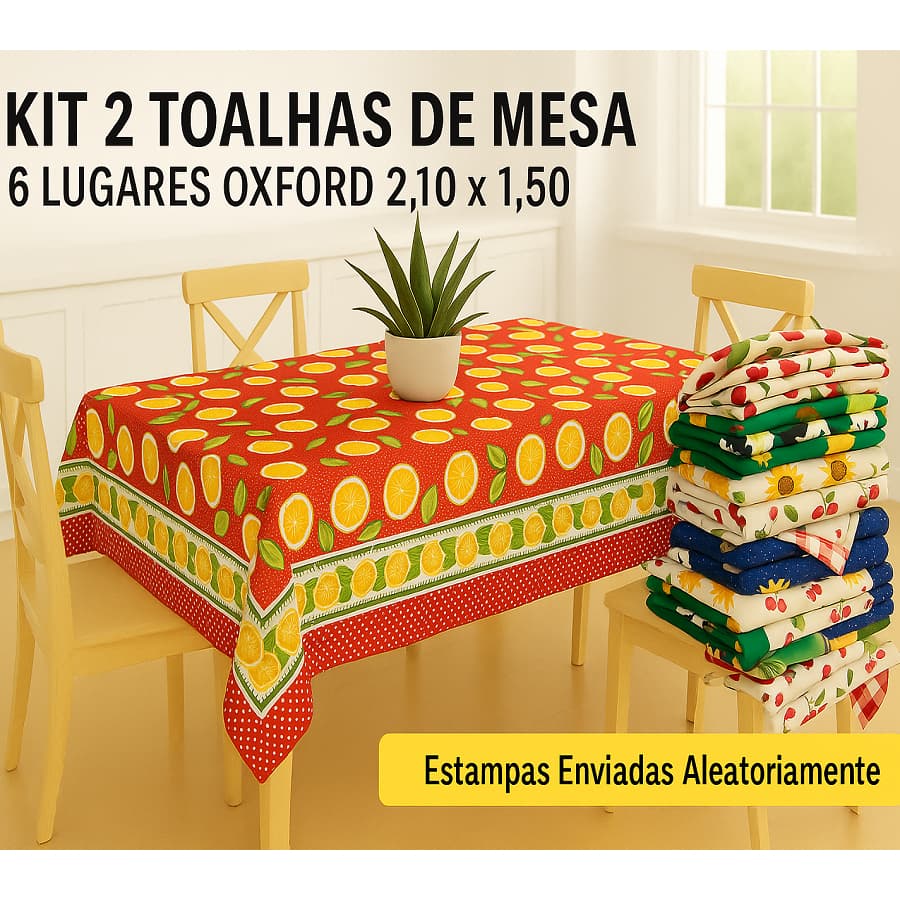 Kit 2 Toalha De Mesa 6 Lugares Oxford 2,10x1,50 Estampas Sortidas