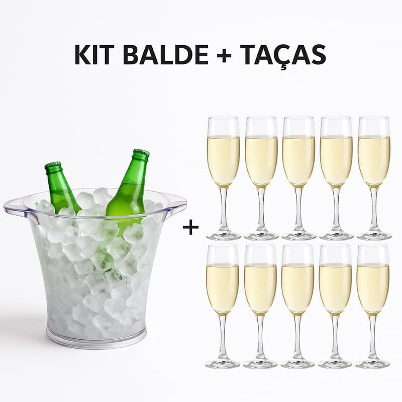 Kit Balde De Gelo Acrílico 5L + 10 Taças De Champanhe Cristal Acrílico Para Festas, Eventos, Aniversário, Lembracinha
