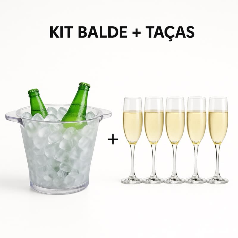 Kit Balde De Gelo 5L Acrílico + 5 Taças Acrilico de Champanhe Para Eventos, Casamentos, Festas