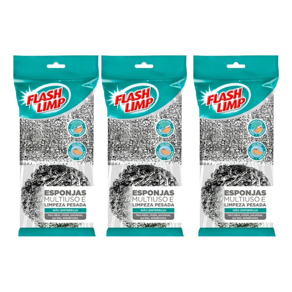 kit 3 Esponjas Multiuso E Limpeza Pesada Inox Flash Limp