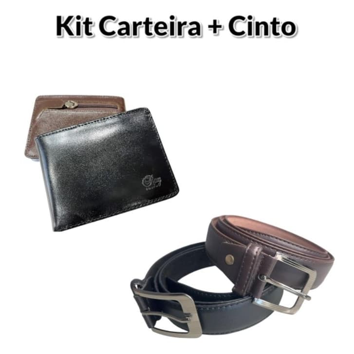 Kit Carteira Couro Grande Multiuso CNH RG Porta Moedas + Cinto Social Couro Sintético Ecológico Masculino Preto e Marrom