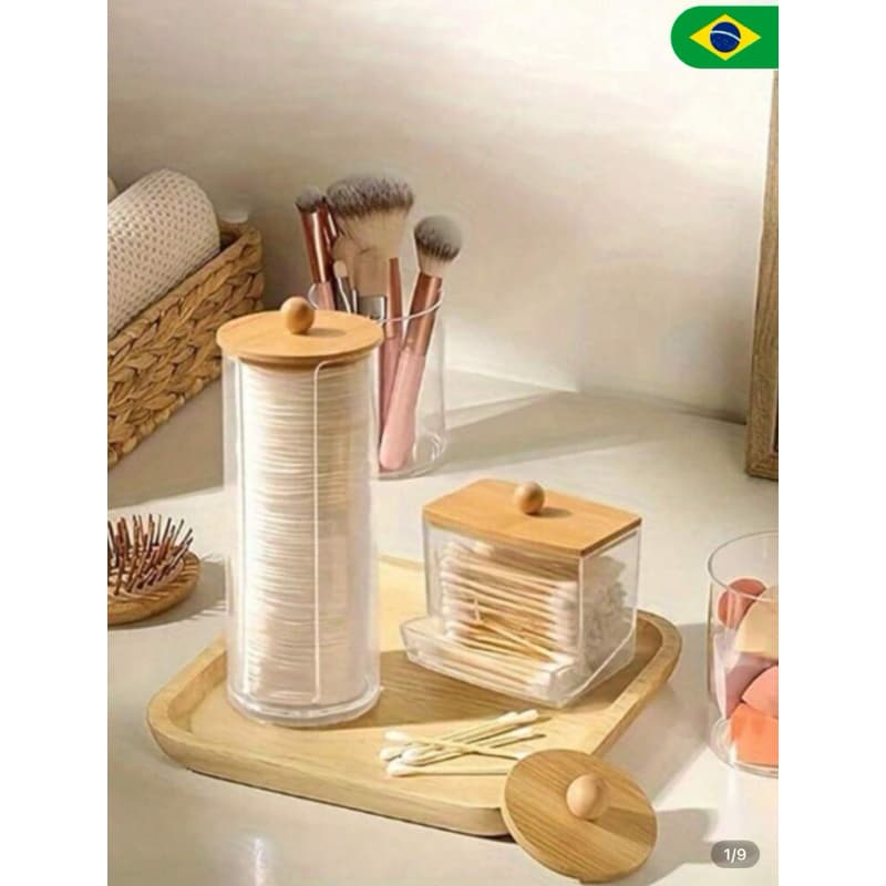 Kit Porta Algodão Cotonete Organizador Tampa Bambu Makeup PLATINA