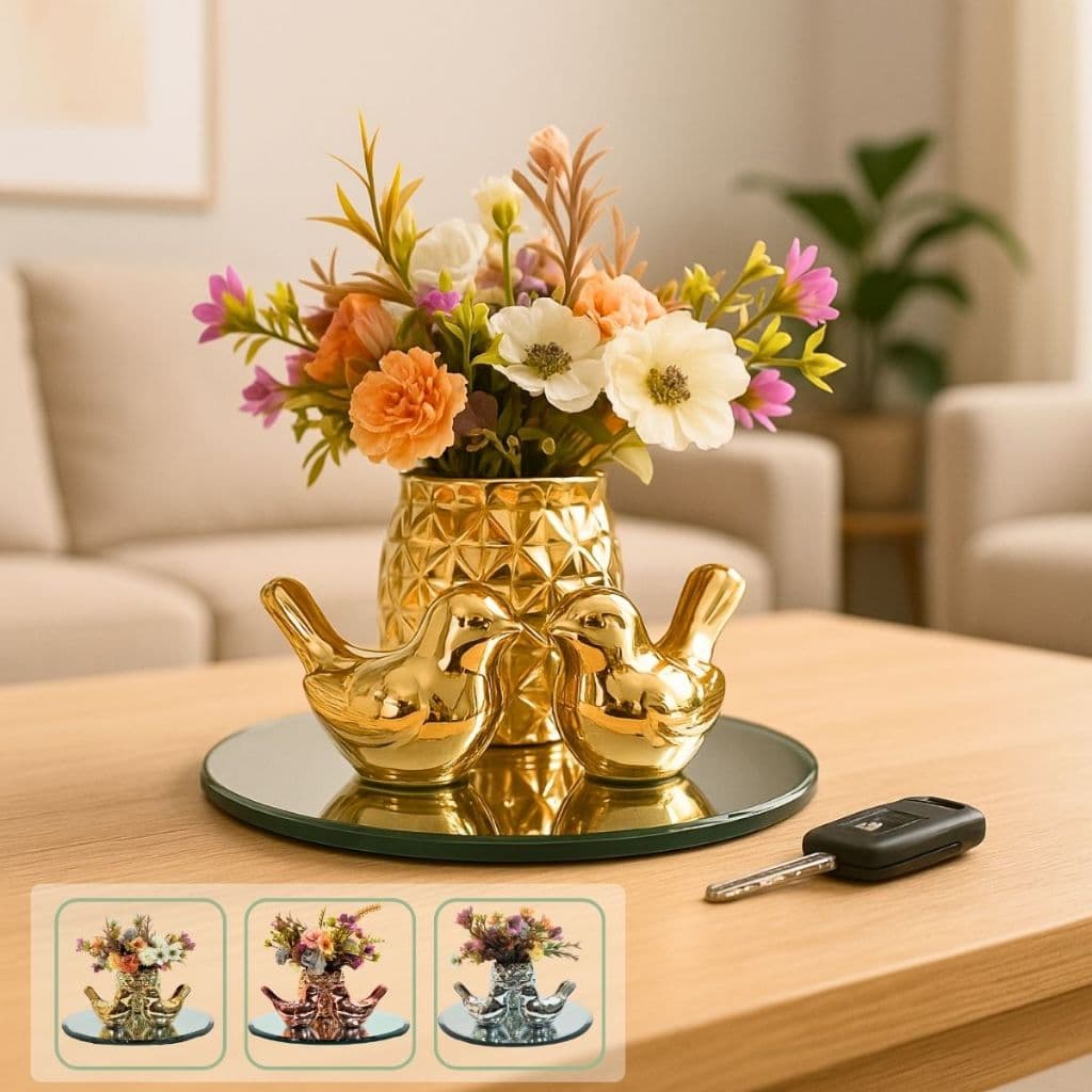 Vasinho Decorativo com Flor Artificial, Bandeja Espelho, Decoração Sala