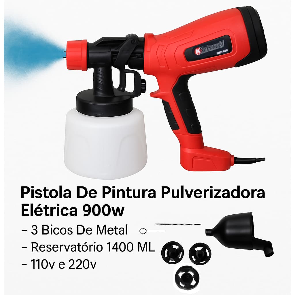Pistola De Pintura 900w Elétrica + 3 Bicos De Metal 1400ml