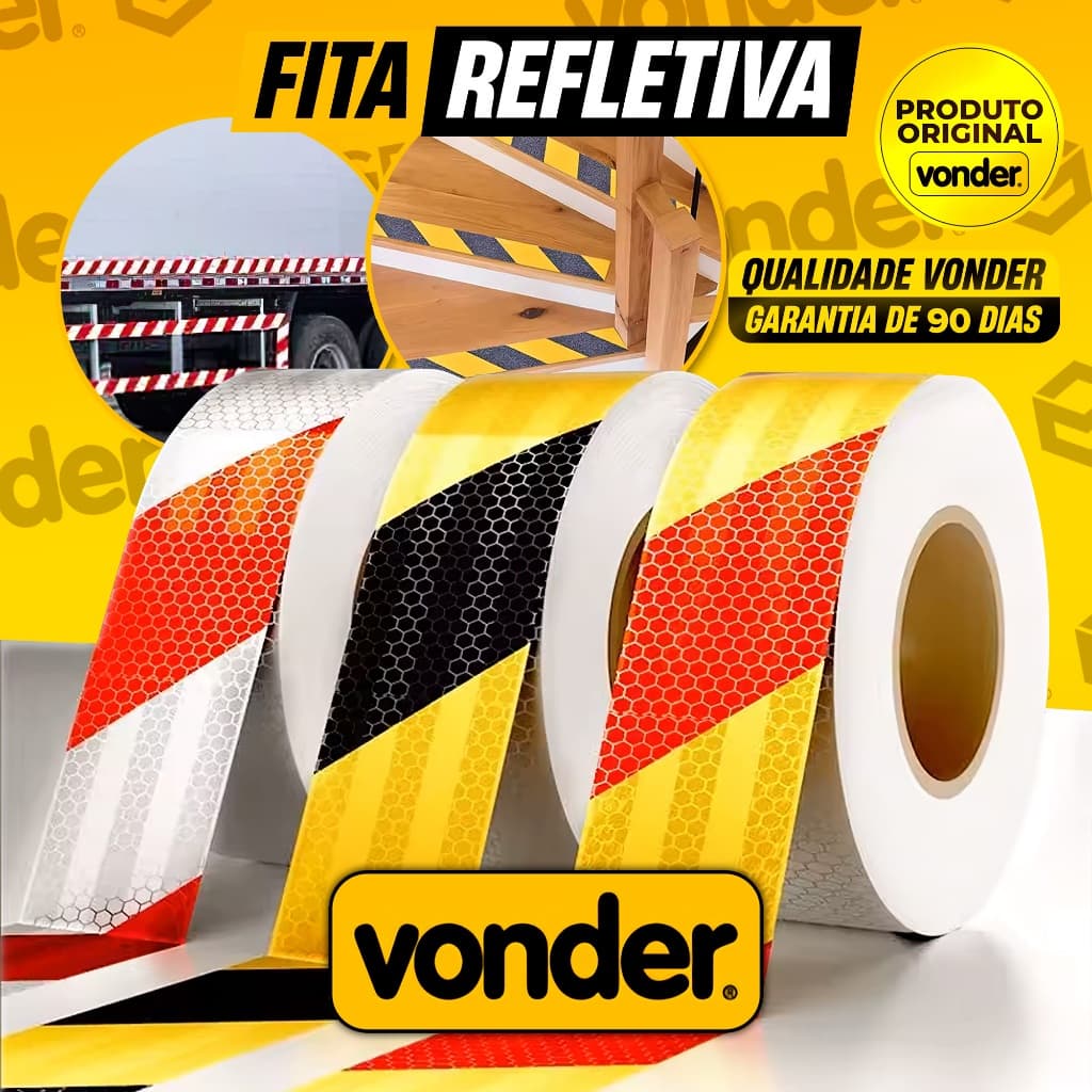 Fita Refletiva Adesiva Zebrada Vonder Luminosa Segurança Seta Profissional Reflexiva 50mm x 3 metros