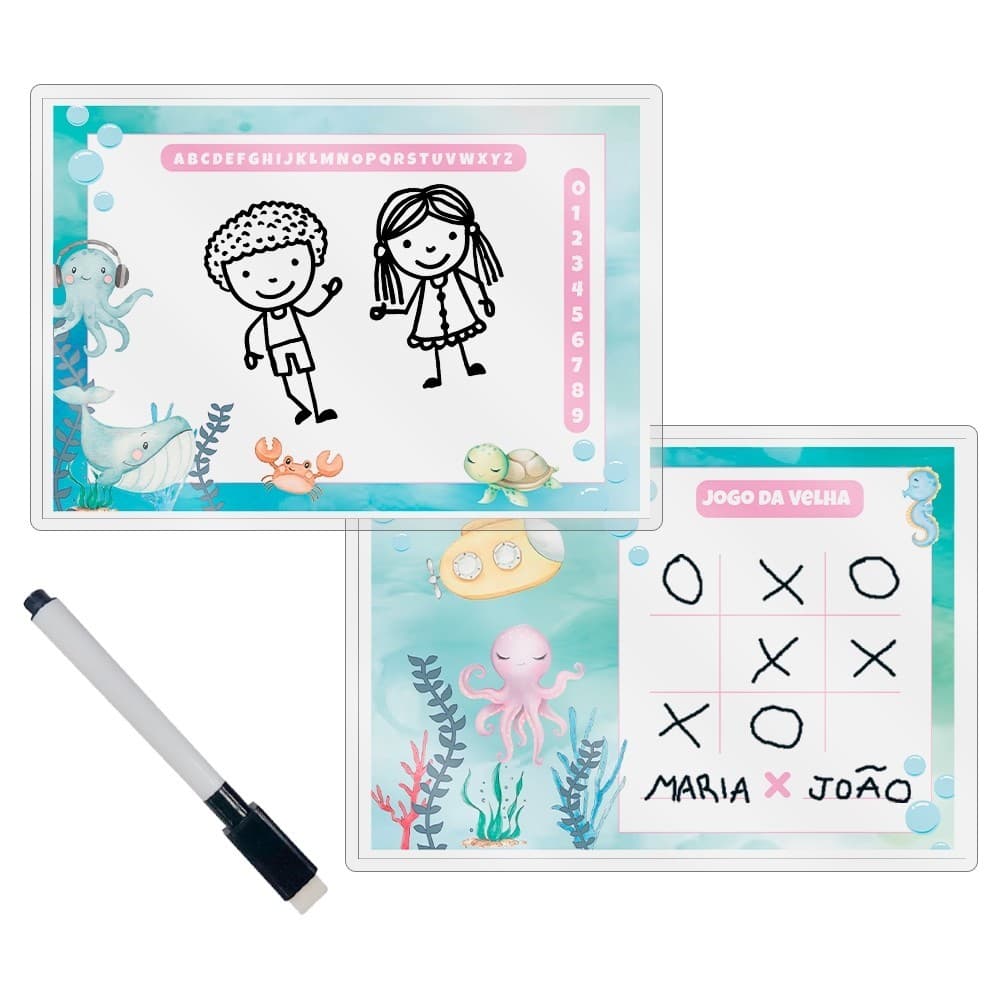 50 Lousas Mágica Infantil Desenho E Jogo Da Velha Fundo do Mar Aquarela Caneta Inclusa Escreve Apaga