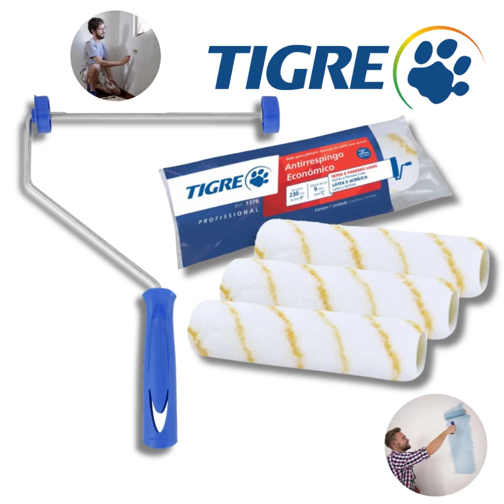 Kit 3 Rolo Antirrespingo Economico Tigre + Suporte p/Rolo Antigota Rolo para Pintura de Parede 3UN
