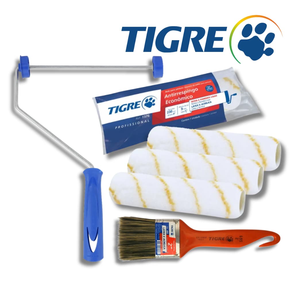 Rolo Pintura Antirespingo + Suporte p/ Rolo Kit 3 UN Rolo Antigota + Pincel Médio Trincha 2'' Tigre