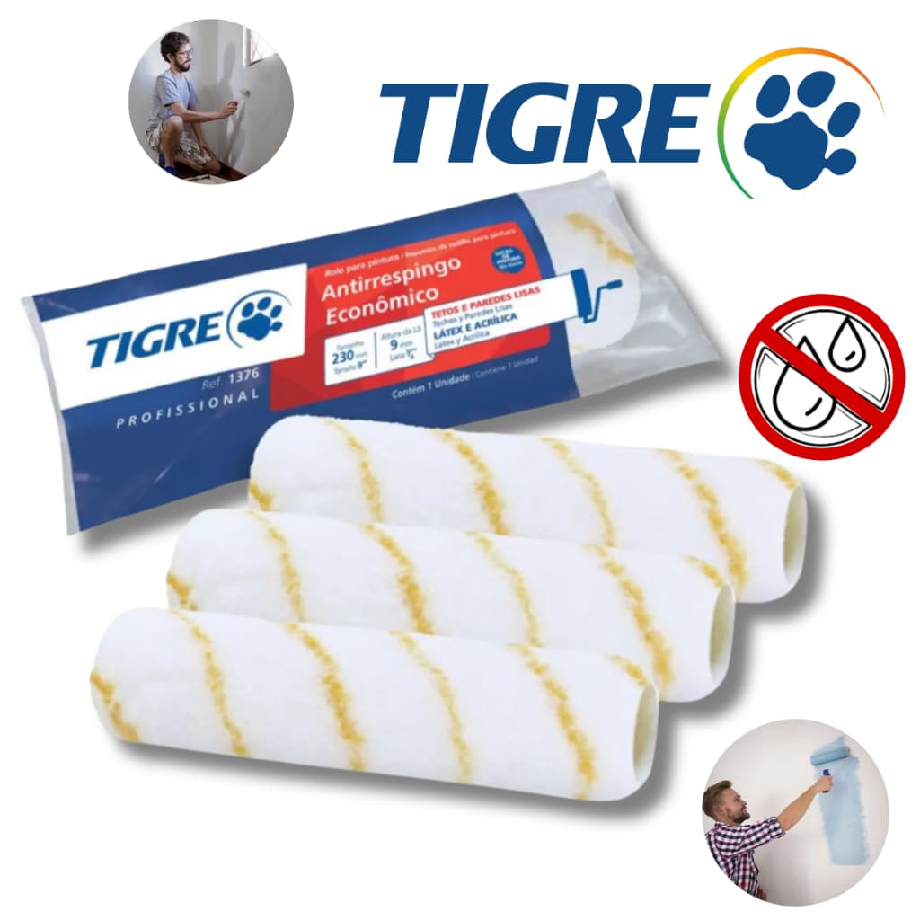 Rolo Antigota Pintura De Parede Anti Respingo 23cm Tigre Kit C/3 Unidades Antirrespingo Rolo Pintura