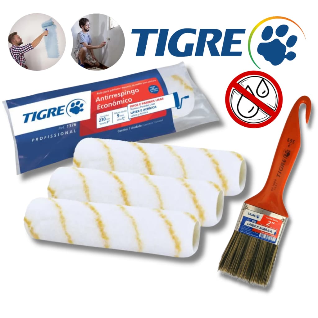 Rolo para Pintura Antigota Kit C/3 UN+ Trincha Pincel Media 2'' Kit Rolo Antirrespingo Pintura Tigre
