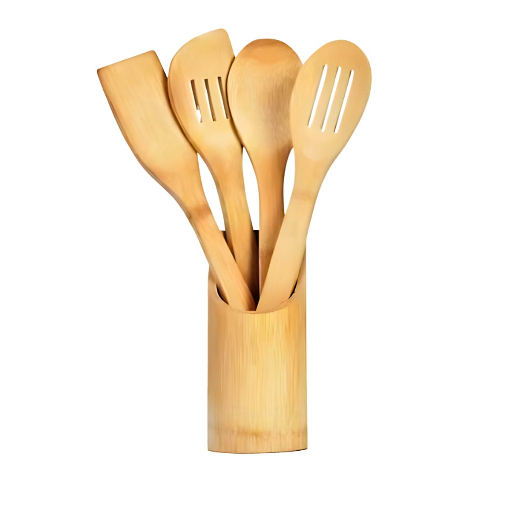 Kit 4 peças Espátula Garfo Bambu Porta Doméstico Cozinha Utensílios Suporte Colher Colher de Pau
