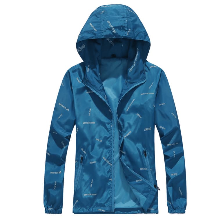Jaqueta masculina impermeável azul com capuz e estampas de letras personalizadas à prova de vento