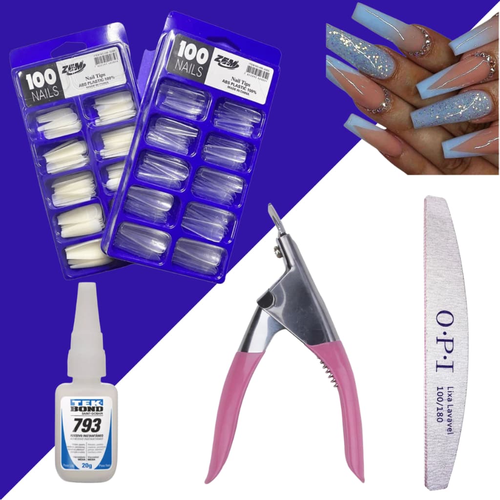 Kit 100 Tips Unhas Postiças Bailarina Leitosa ou Transparente + Tekbond + Cortador de Tips + Lixa