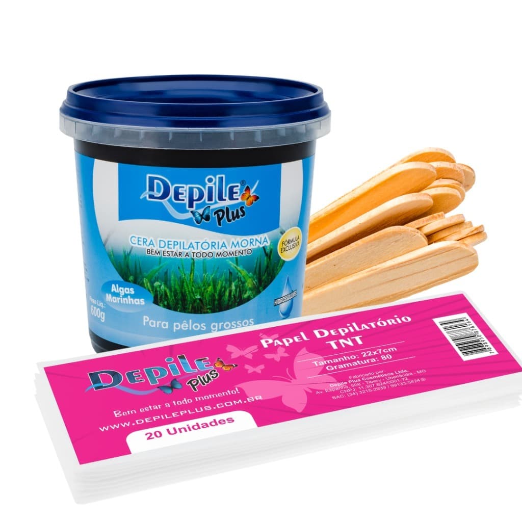 Kit Cera Depilatoria Hidrossoluvel 600g + Espátula Larga 15 Unidades + Papel Depilatorio 20 Unidades