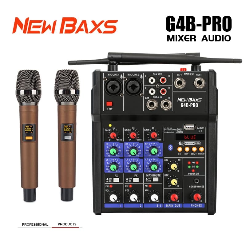 NEW BAXS 4 canais Mixer de áudio G4BPRO Dois microfones sem fio Suporte para reprodução Bluetooth/USB/MP3