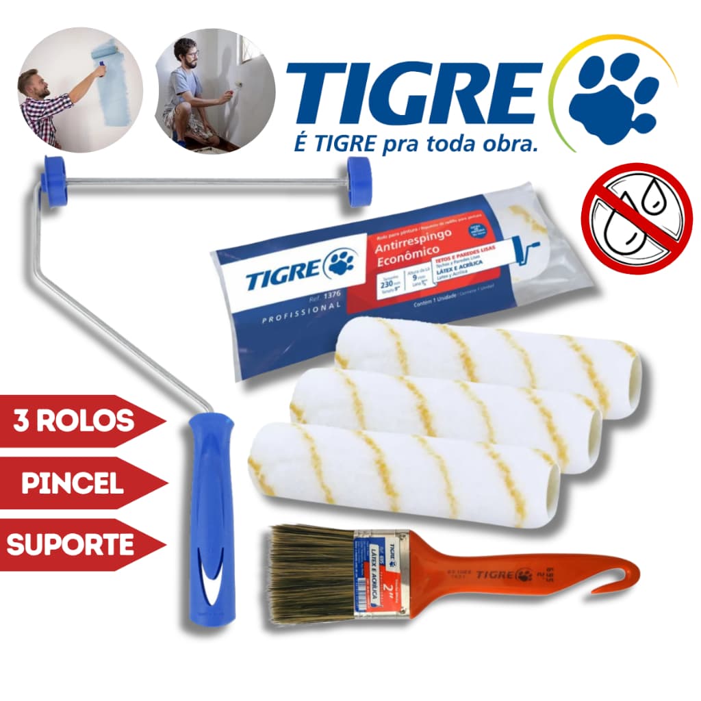 Rolo Pintura Antigota Kit 3UN + Suporte p/ Rolo Antirespingo Tigre + Pincel Médio Trincha 2'' Tigre