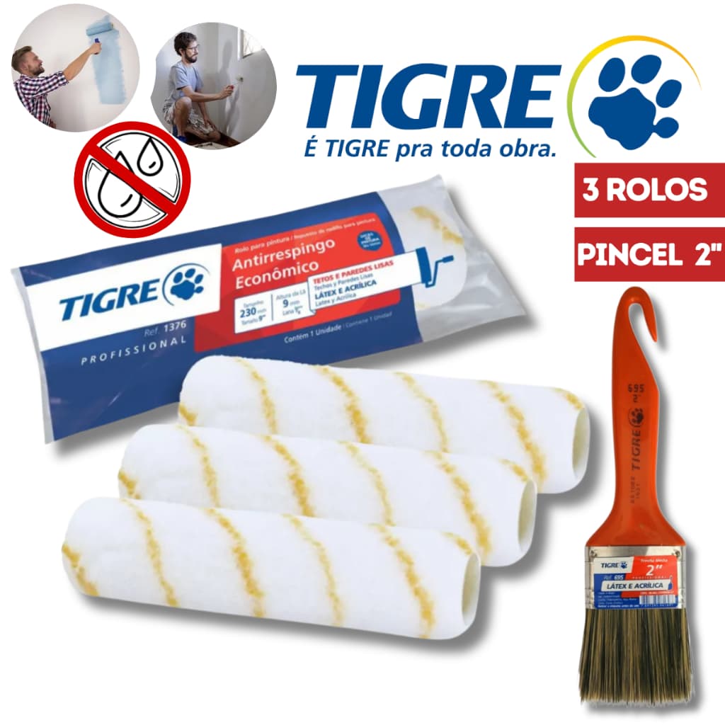 Rolo de Pintura Antirrespingo Tigre Kit 3UN + Trincha Pincel Média 2'' Tigre Kit Pintura Antigota