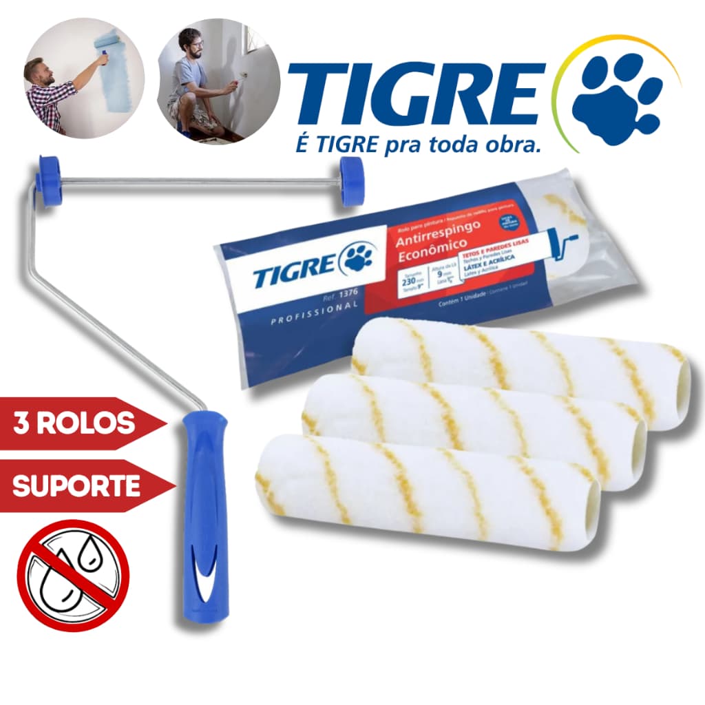 Rolo de Pintura Antigota 3 UN + Suporte p/Rolo Antirespingo Tigre Kit Pintura
