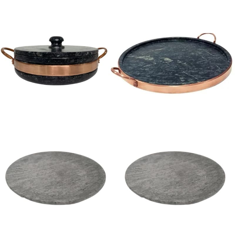 Jogo De Pedra Frigideira Forma de Pizza e 2 Pratos de Pedra Saudavel Antiaderente Com Alça de Cobre