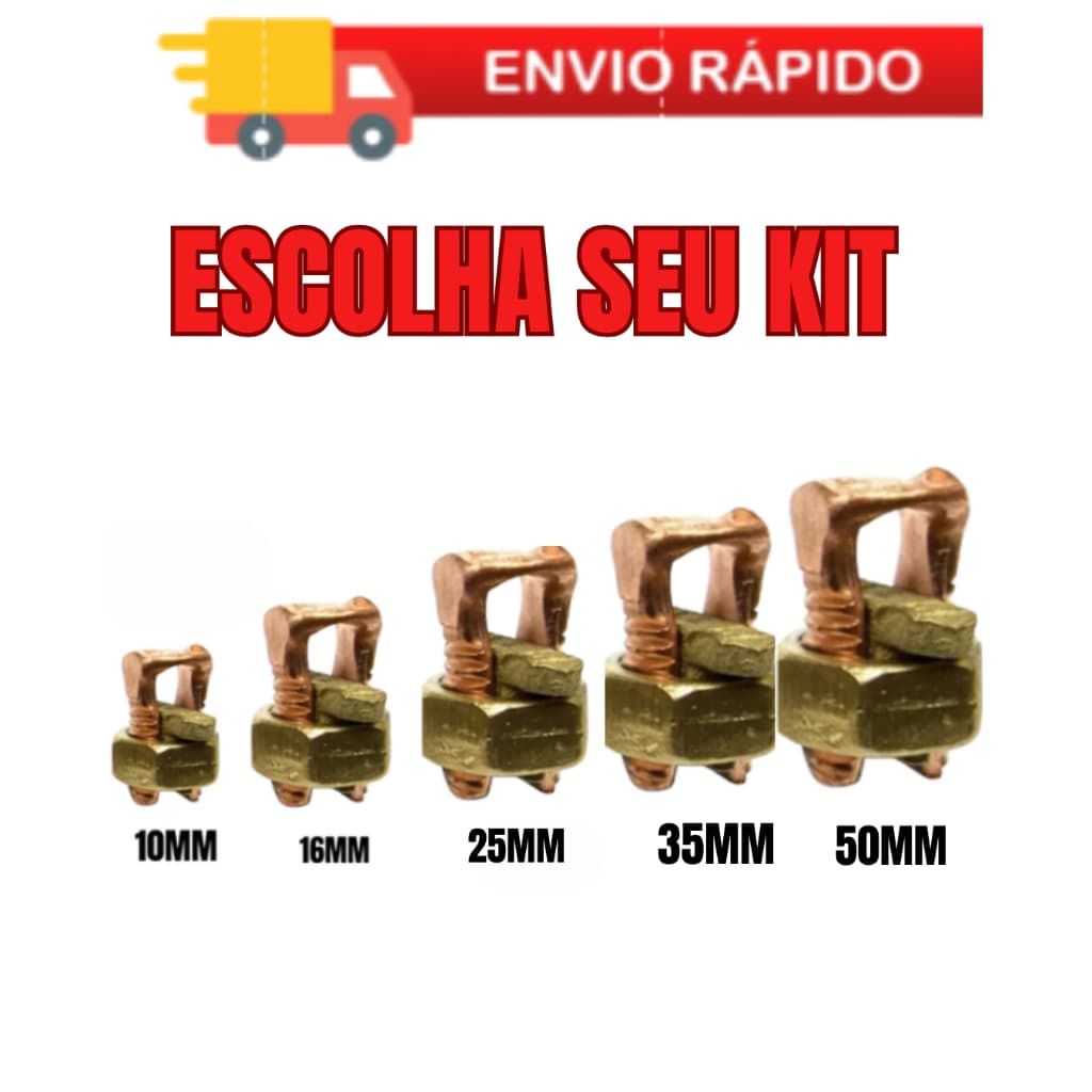 Conector Split Bolt P/Aterramento Emendas Elétricas Parafuso Fendido Aperto P/Cabo e Fio 10mm á 50mm