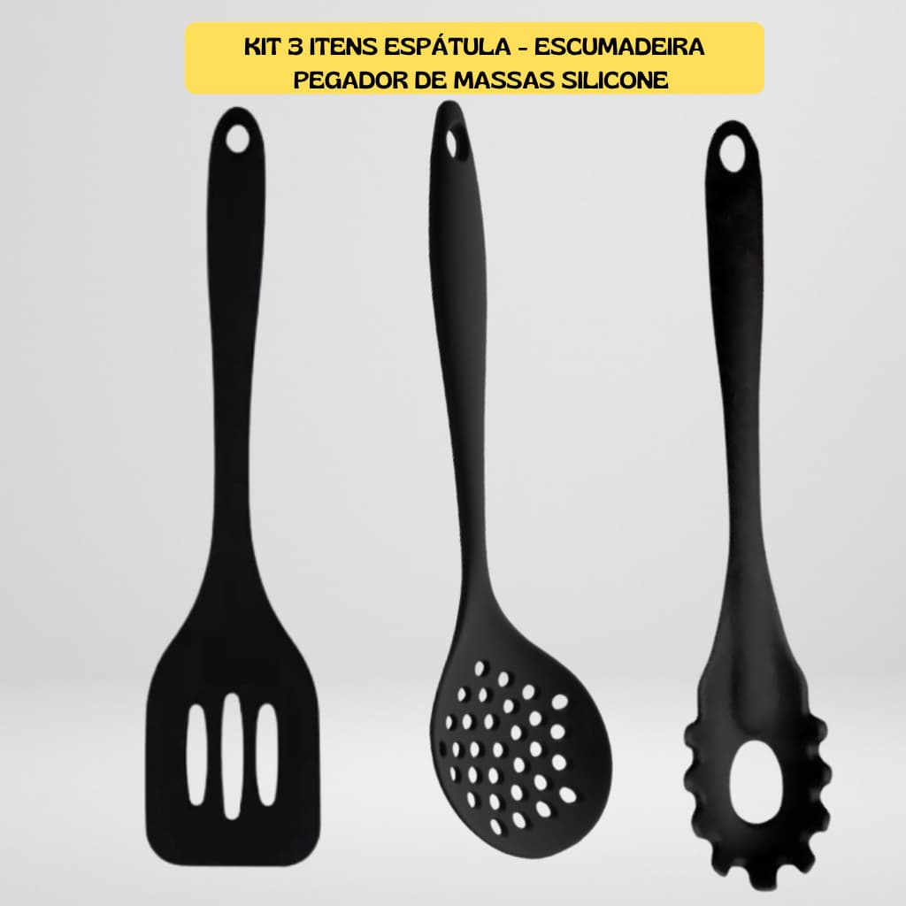 Kit 3 Itens Espátula, Escumadeira e Pegador de Massas em Silicone