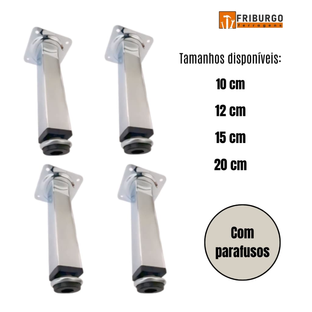 Kit com 4 UND Pés Para Móveis Cromado Regulável Quadrado de 10cm/  12cm/  15cm/  20cm