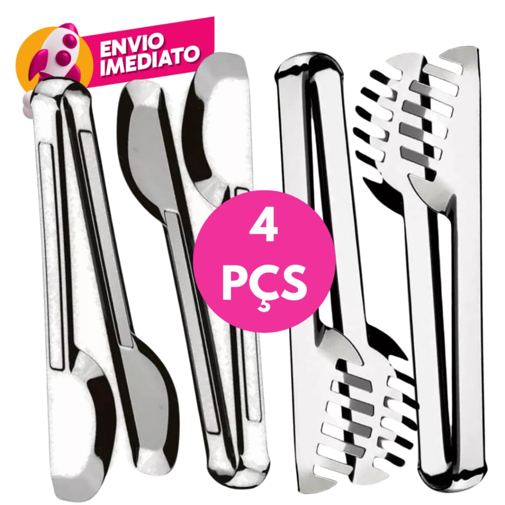 Kit 04 Pç: Pegador Universal Tipo Pinça E Pegador Serrilhado Massa Salada Petiscos Frios Inox
