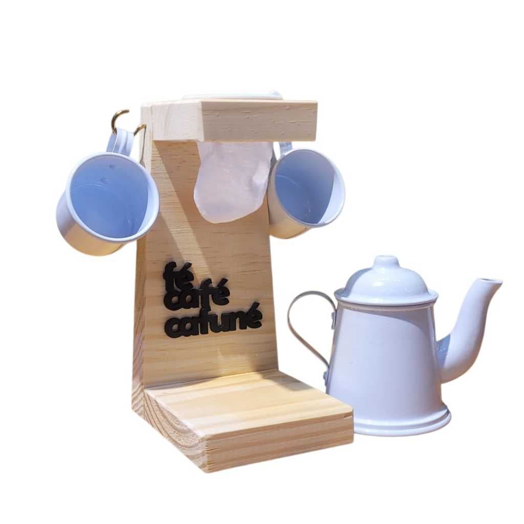 Suporte Coador Café Madeira Pinus Bule Branco + 2 Canecas