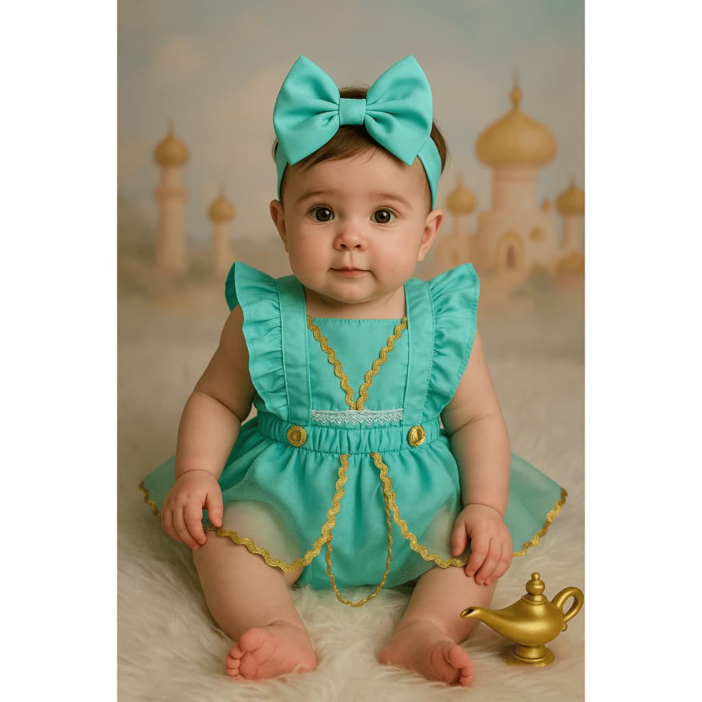 Jardineira Saia Jasmine Aladdin Fantasia Organza Tule Brilho Glamour Mesversário Infantil Bebê Luxo