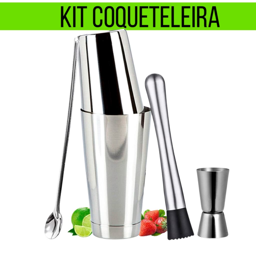 Kit Coqueteleira Boston Profissional Inox 4 Peças Premium Bartender Completo Para Drinks Caipirinha