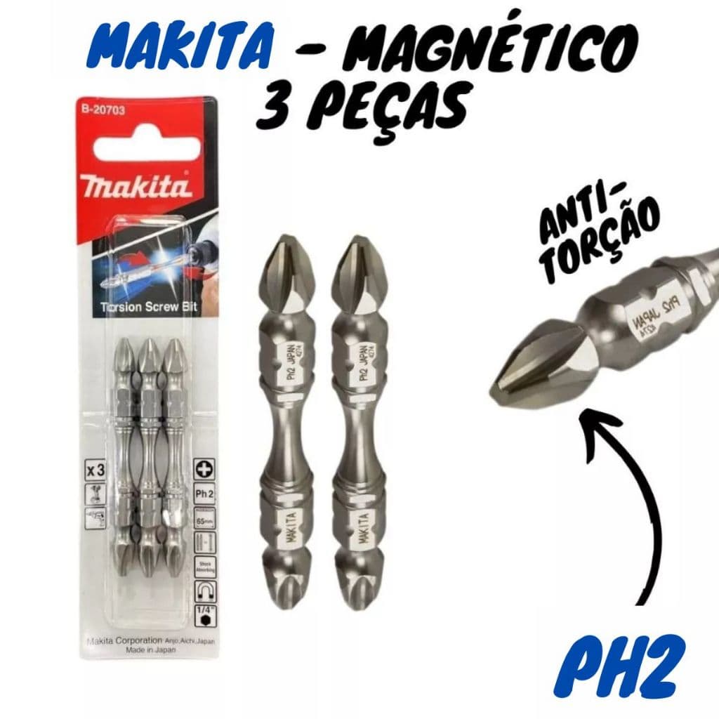 Jogo Bits Ph2 Ponta Dupla Magnético (3 Peças) Anti-Torção (B-20703) - Makita