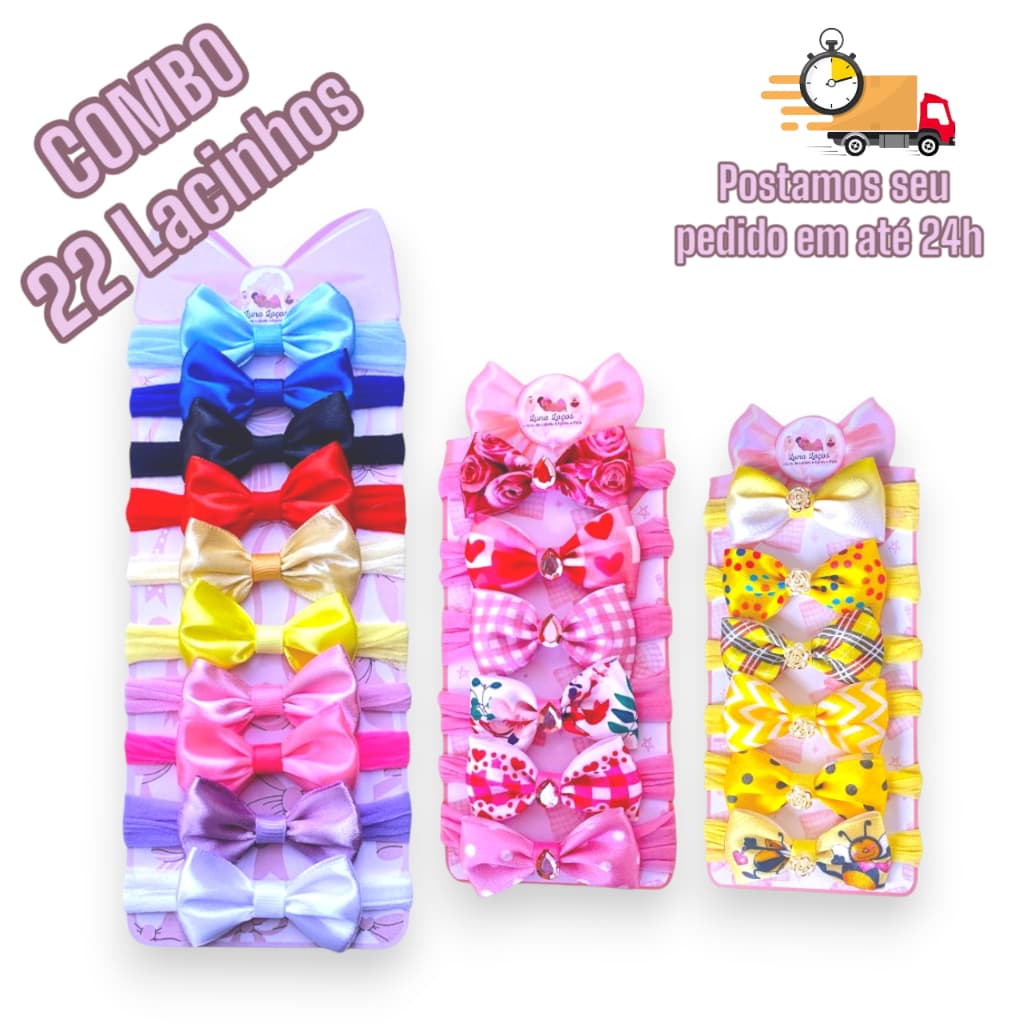 Kit com 22 Laços de Cabelo Infantil, Laços de Bebê, Lacinhos de Bebê e Laços de Cabelo para Bebê Estampados