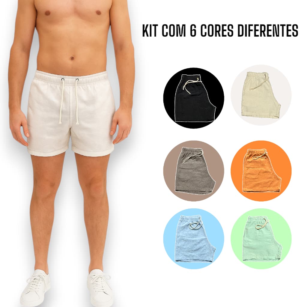 Kit com 6 Shorts de Linho Mauricinho com 3 Bolsos nas Cores Lisas