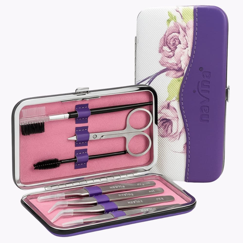 Kit Profissional para Extensão de Cílios com 4 Pinças Navina e Estojo Floral com Acessórios