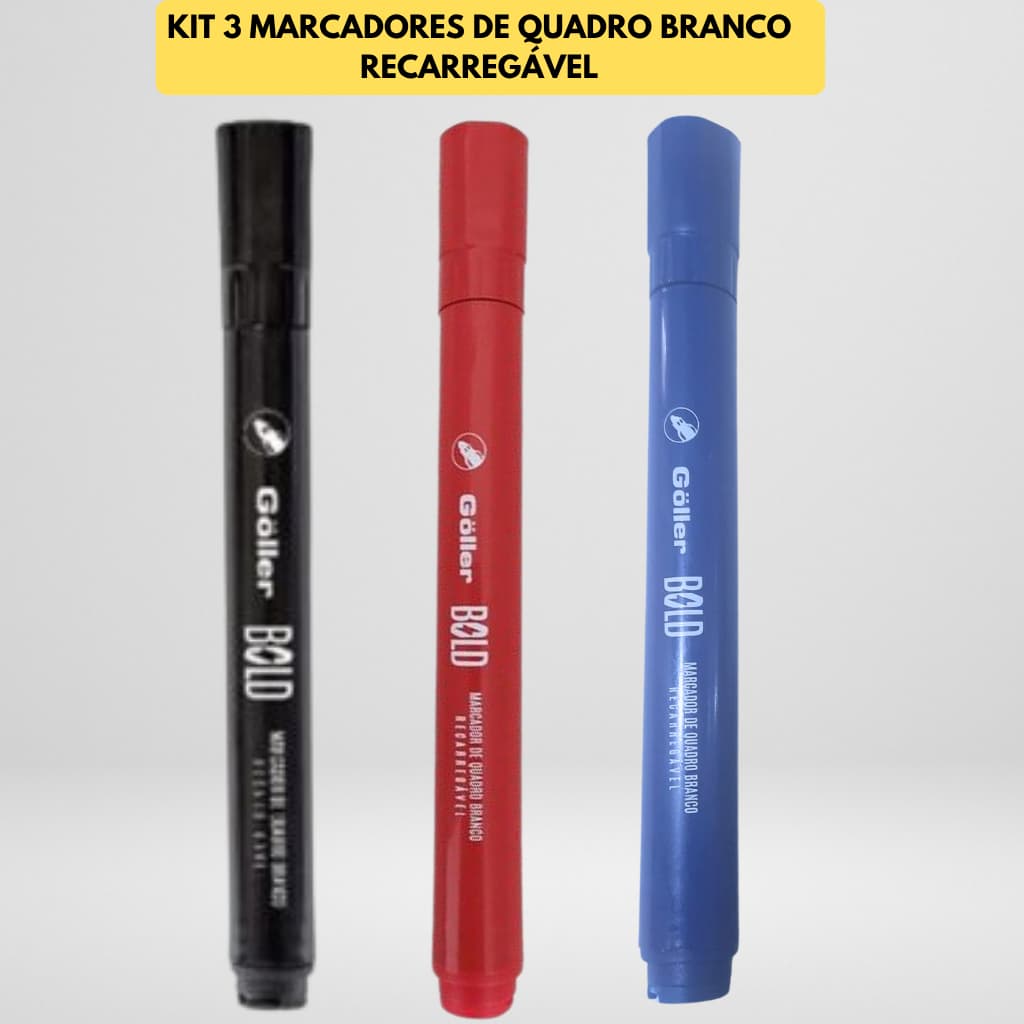 Caneta / Pincel Marcador Recarregável Para Quadro Branco Kit Com 03 Peças Com 03 Cores Diferentes