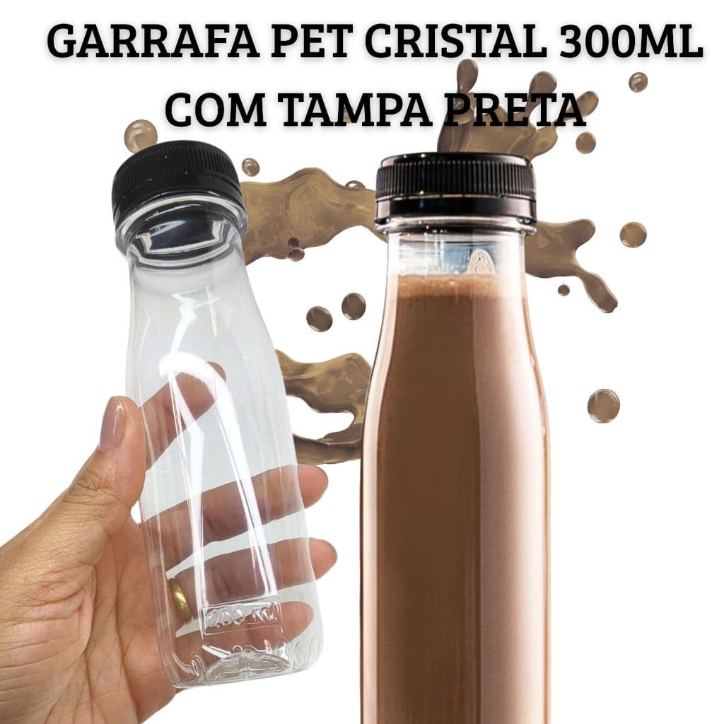 GARRAFINHA PET 300ML 10 UNIDADES GALVANOTEK COM TAMPA ROSQUEAVEL PRETA SUCOS, LEITE, CHÁ, ETC