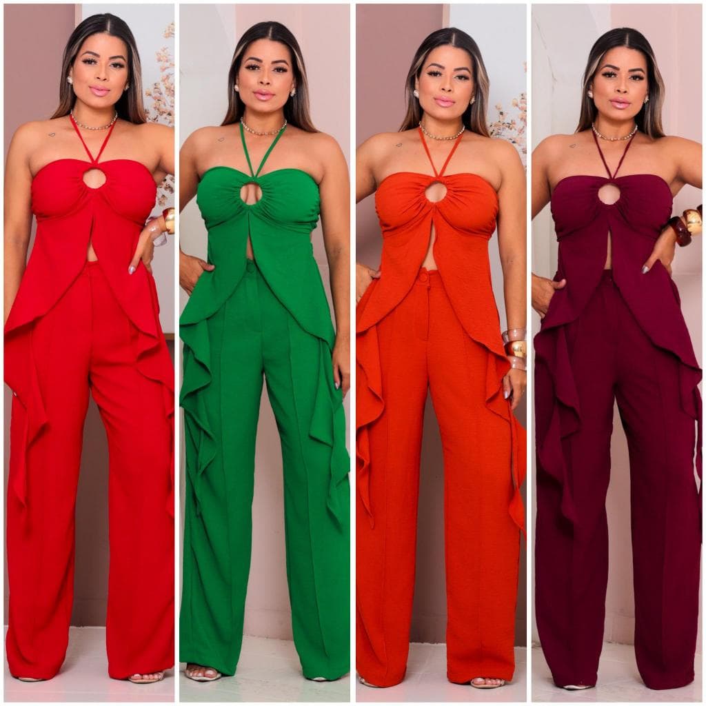 Conjunto Feminino Cropped Frente única com Amarração e Calça em Duna - Elegante e Sofisticado