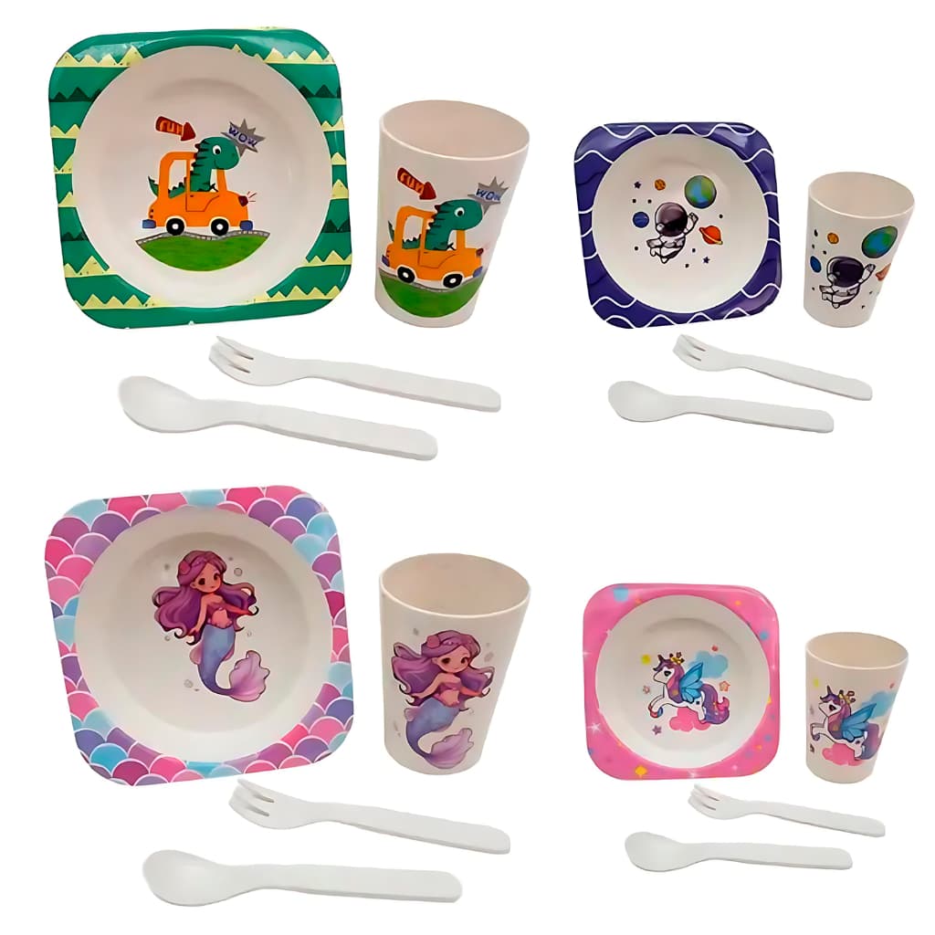 Kit Refeição Infantil com 4 Peças com Bowl, Copo, Colher e Garfo Personagens Dinossauro, Sereia, Astronauta e Unicórnio