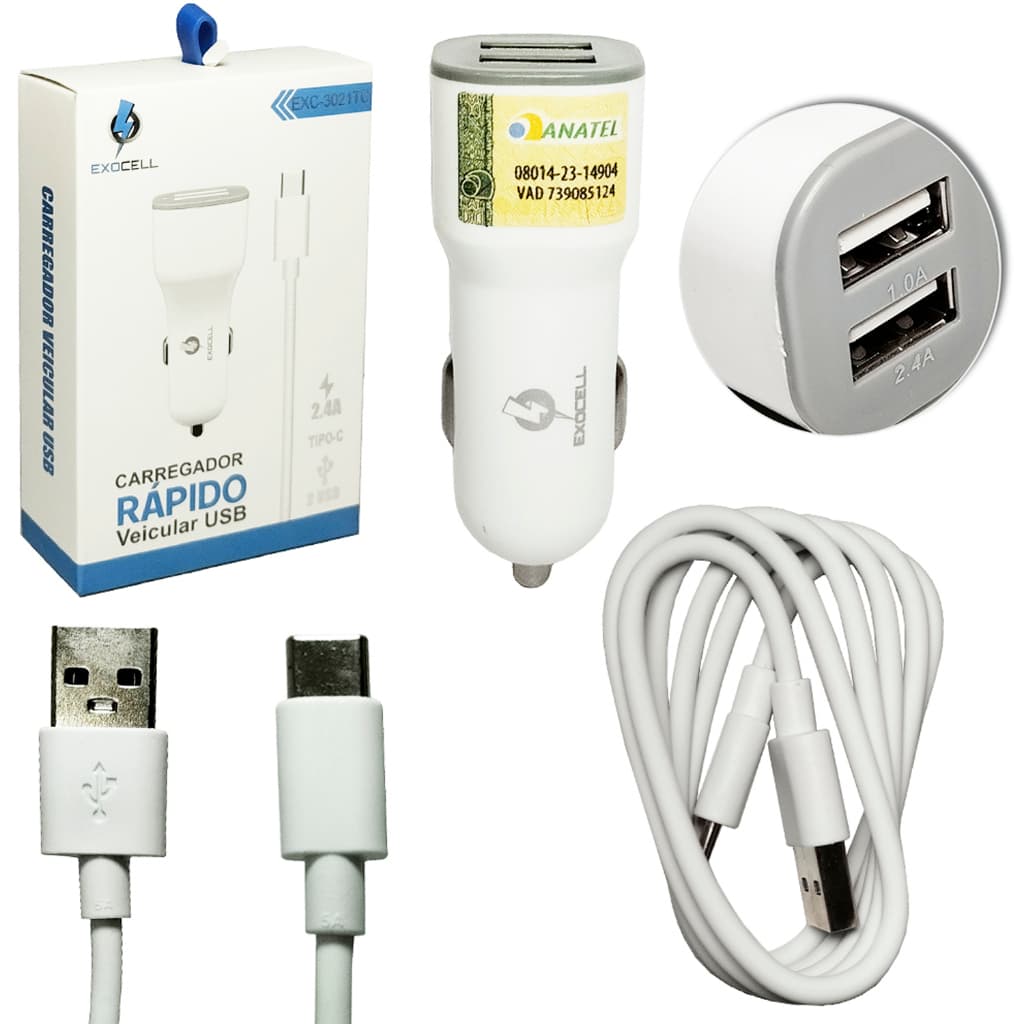 Carregador Veicular Rápido Automotivo 2 USB com Cabo Tipo-C Branco Carregador de Celular para Carro 3.1A