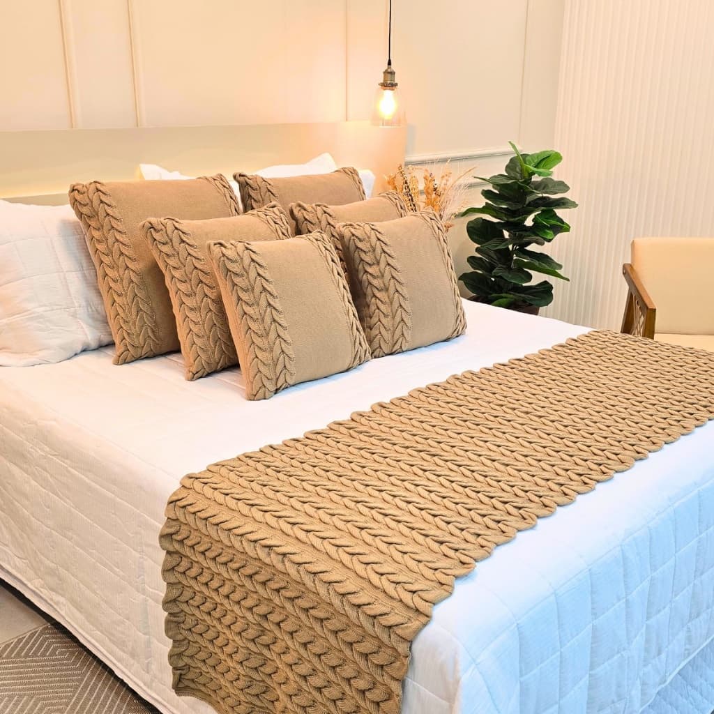 Kit Peseira Manta Tricot Sofá Cama Casal Queen King Aconchego Home Decor + 4 Capas Almofadas