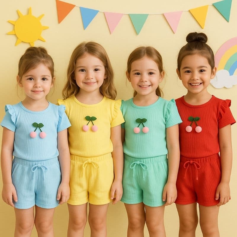 conjuntinho infantil em tons delicados e vibrantes. dia a dia, com lacinhos e cerejinha promoção qualidade
