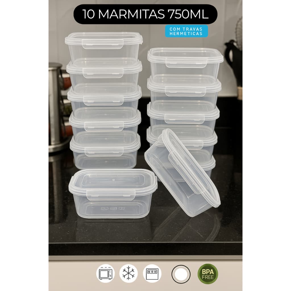 Kit 10 Pote Marmitas Fitness 750ML Vasilha Sem BPA Freezer E Microondas Potes Plásticos Com Travas Grande REFORÇADO
