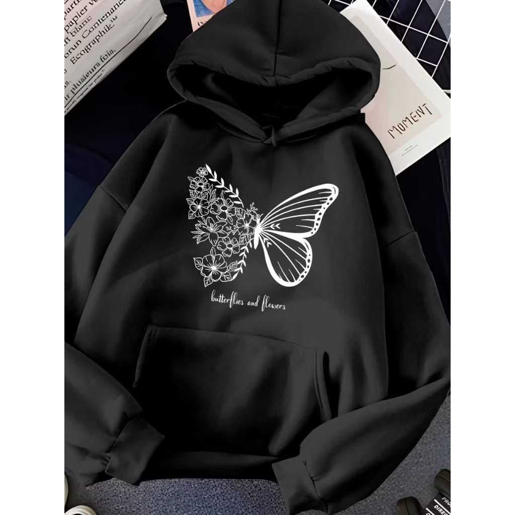 Moletom Canguru Adulto e Infantil Butterflies and Flowers Bolso e Capuz Felpado Macio