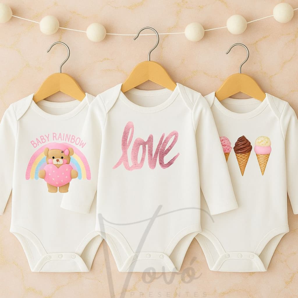 Body Infantil para Bebê Manga Longa Estampado Algodão Menina